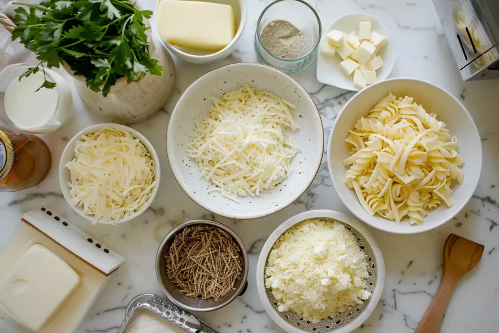 Three bowls of shredded cheeses, pasta, butter, cream, and other ingredients for mac and cheese on a kitchen countertop.