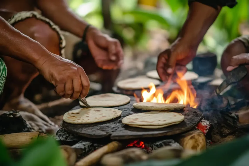  Indigenous Venezuelans cooking arepas on flat stones over an open flame in a traditional setting.