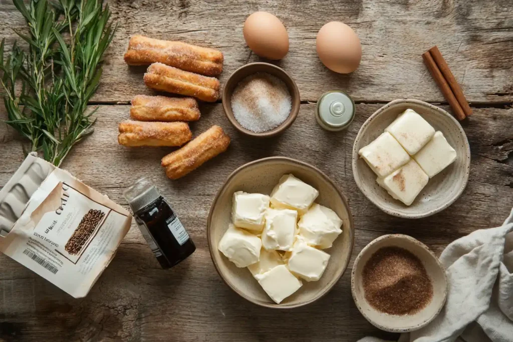 Flat-lay of churro cheesecake ingredients, including cream cheese, sugar, eggs, vanilla extract, crescent dough, cinnamon-sugar mix, and melted butter on a rustic wooden surface.