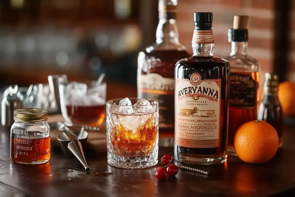 Rye whiskey, Averna Amaro, bitters, and cocktail-making tools arranged on a sleek bar counter.