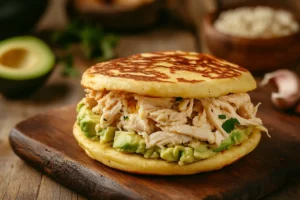 Reina pepiada arepa with creamy avocado and shredded chicken filling.