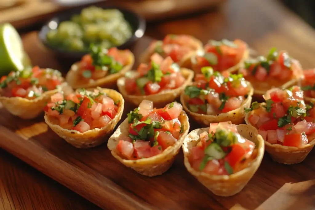 A platter of mini tacos with vibrant toppings like tomatoes and cilantro.