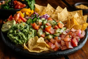 A platter of Mexican botanas including guacamole, tortilla chips, and ceviche on a rustic wooden table.