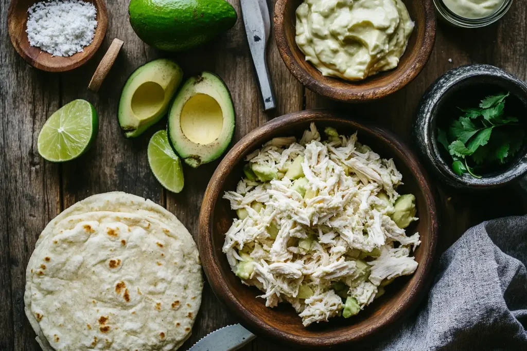 Ingredients for Reina Pepiada arepa, including chicken, avocado, lime, and fresh arepas, on a rustic wooden table.