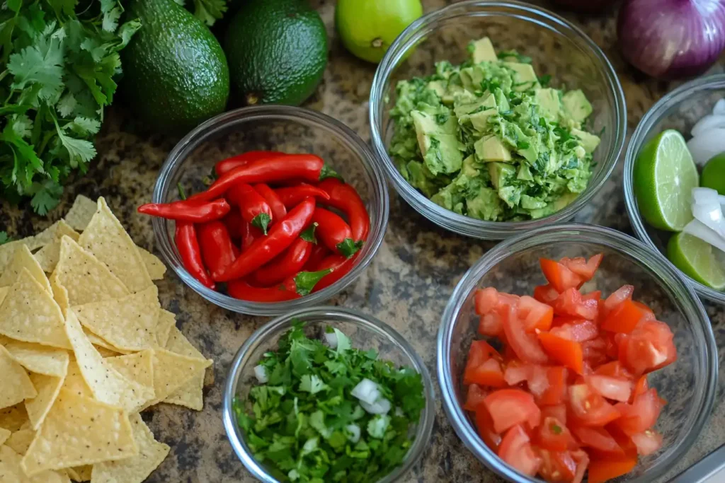 Fresh ingredients for making Mexican botanas, including avocados, chilies, cilantro, lime, and tortilla chips on a rustic kitchen counter.