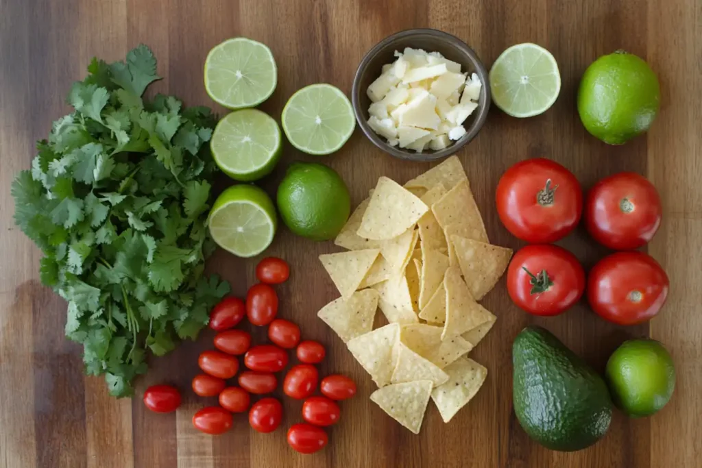 Essential ingredients for botanas, including avocados, limes, tomatoes, and tortilla chips on a wooden counter.