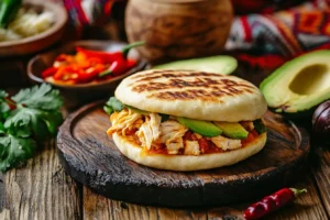 Authentic Venezuelan arepa filled with shredded chicken, avocado, and cheese on a rustic wooden table.