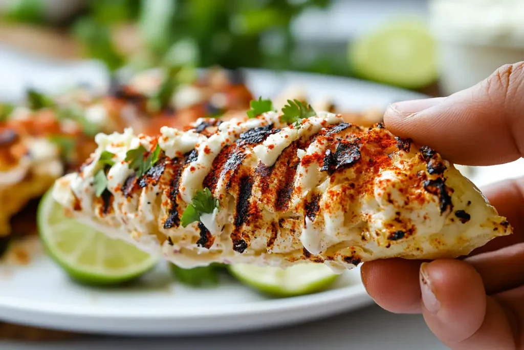 A close-up of grilled elote with mayonnaise, cotija cheese, and chili powder.