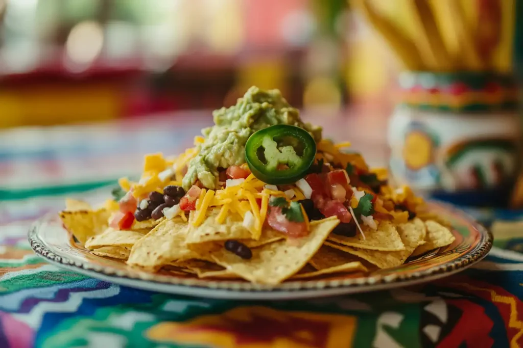 Close-up of nachos with cheese, jalapeños, beans, and guacamole.