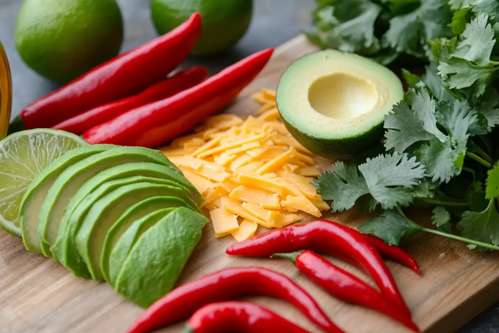Fresh ingredients for Mexican botanas including avocados, chilies, limes, tortillas, and cheese on a wooden cutting board.
