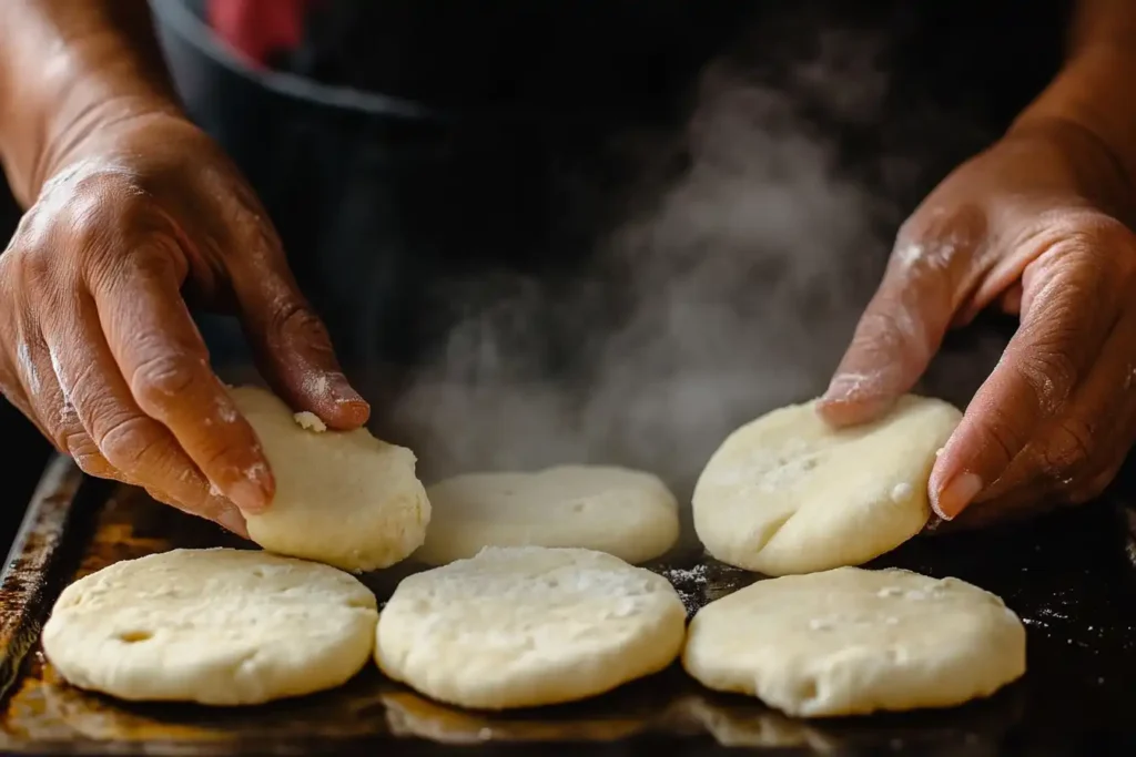 Hands shaping round arepa discs from soft white corn dough.
