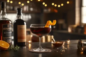 Black Manhattan cocktail in a coupe glass garnished with an orange peel, with Averna amaro and whiskey bottles softly blurred in the background.
