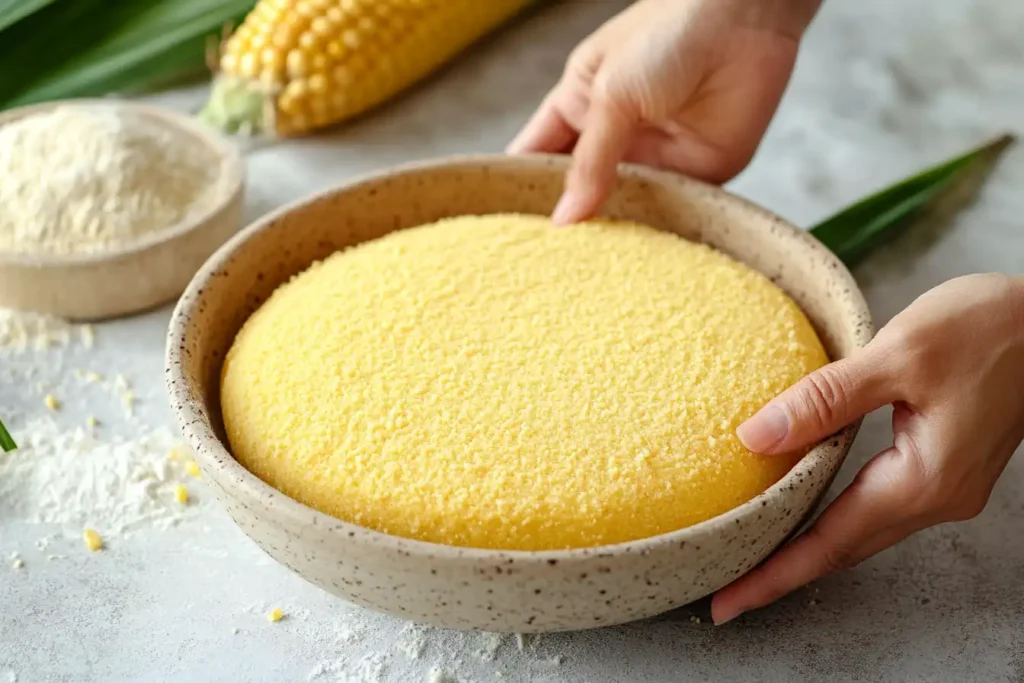 Hands kneading arepa dough made from cornmeal, water, and salt in a bowl.