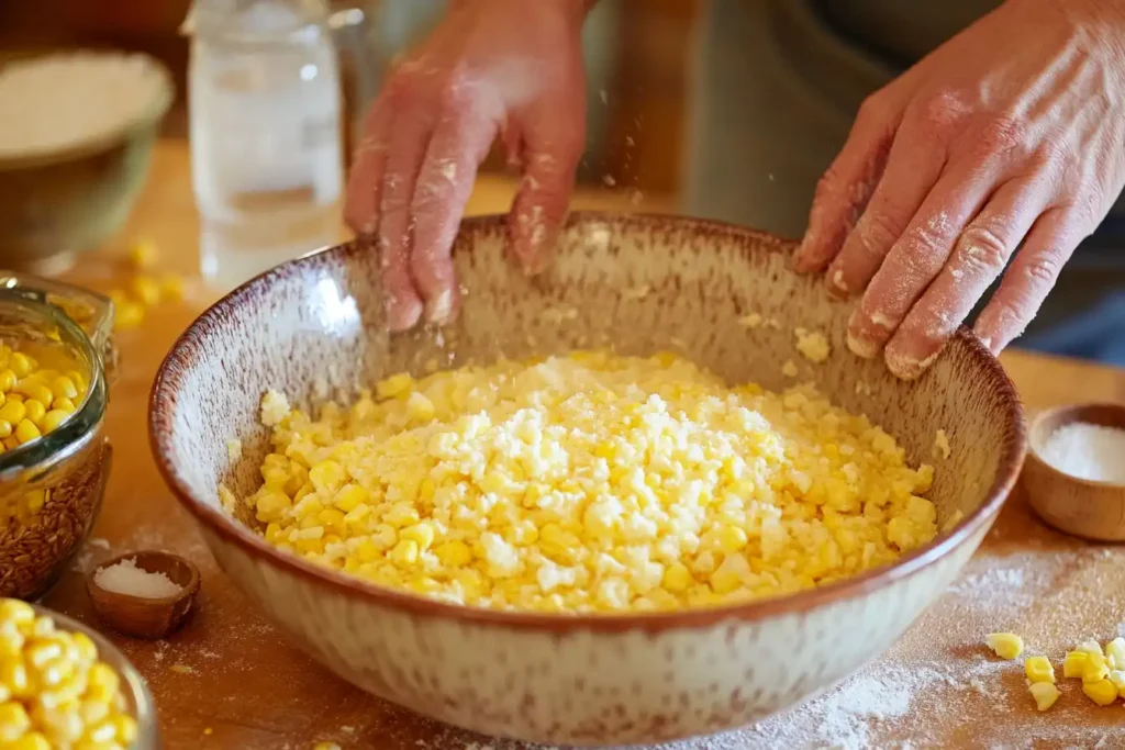 Hands mixing pre-cooked cornmeal dough with water and salt in a ceramic bowl on a wooden counter, surrounded by simple ingredients.