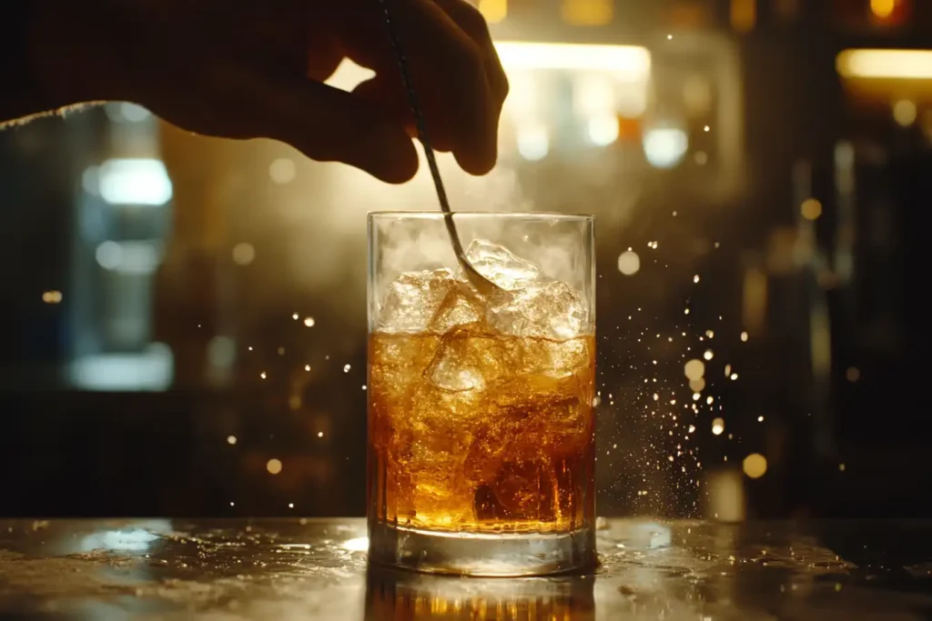 A bartender’s hand stirring whiskey and amaro in a mixing glass with a long spoon.