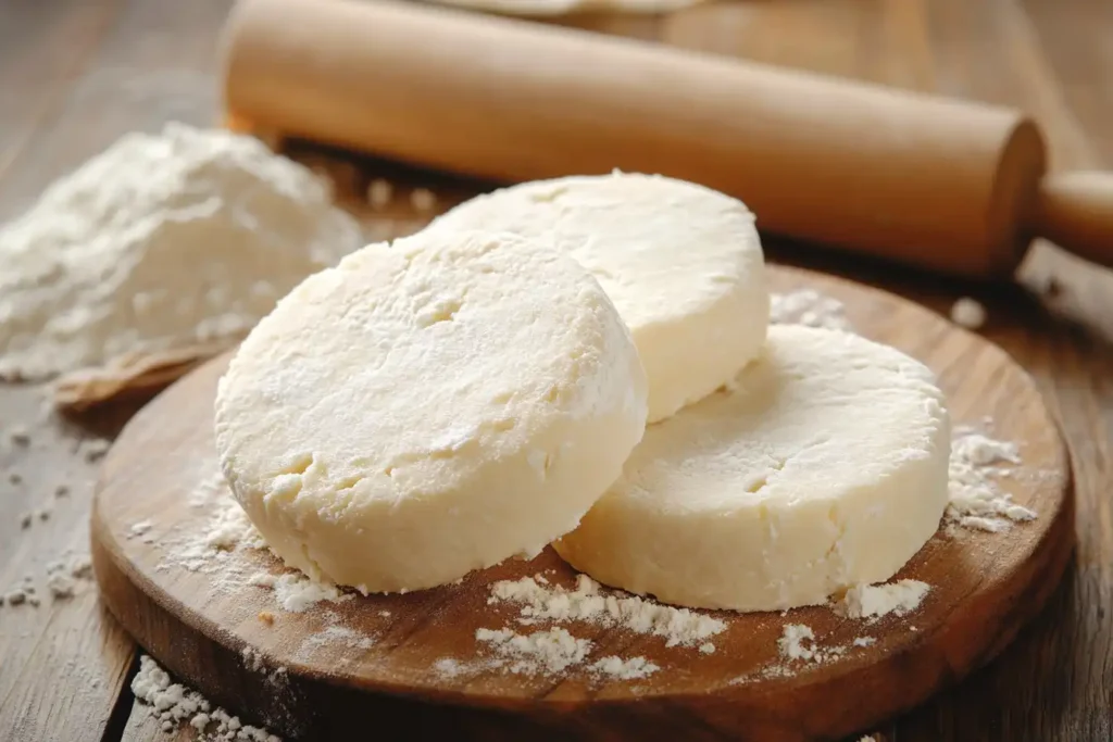 Round arepa dough discs on a wooden board, ready for cooking.