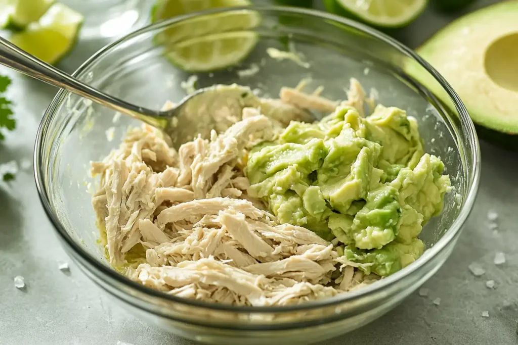 Shredded chicken, mashed avocado, and mayonnaise being mixed in a glass bowl, with lime wedges and seasoning in the background.