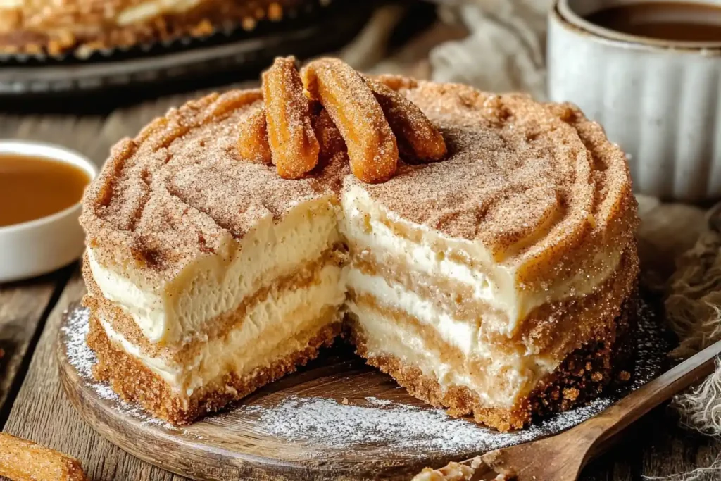 A slice of churro cheesecake with a cinnamon-sugar crust on a wooden table, topped with caramel drizzle.