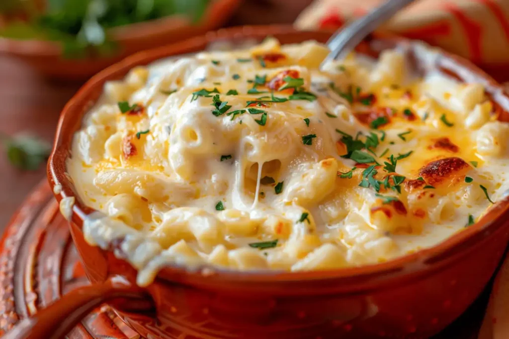 A bowl of creamy mac and cheese made with mozzarella, Colby Jack, and sharp cheddar, garnished with parsley, on a wooden table.