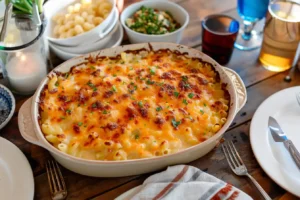 A close-up of Tini's mac and cheese featuring baked cavatappi pasta with a golden crust and creamy cheese sauce.