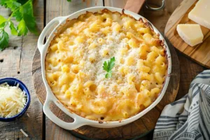 Golden-baked mac and cheese in a white dish, topped with a bubbly, crispy cheese crust.