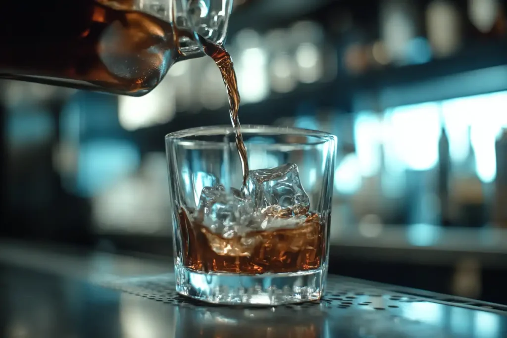  Ingredients being mixed for a Black Manhattan: amaro, bourbon, bitters.
