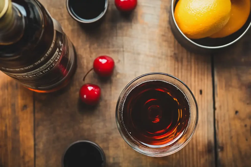 Ingredients for a classic Manhattan cocktail: bourbon, sweet vermouth, bitters, cherry.