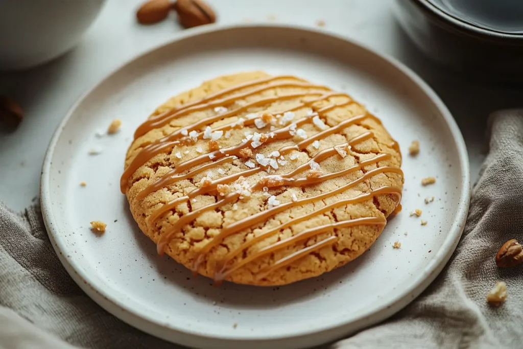 A gourmet Crumbl-inspired cookie with caramel drizzle and sea salt.