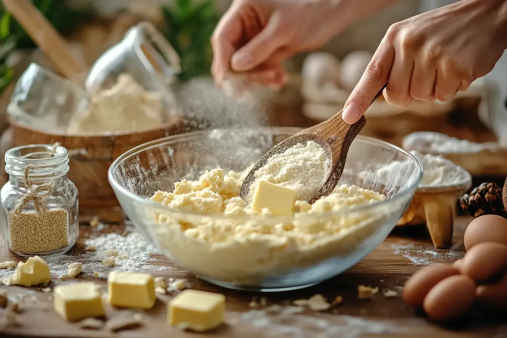 Hands mixing cookie dough with flour, sugar, and butter in a bowl.