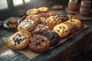 Freshly baked Crumbl-style cookies in various flavors on a wooden table.