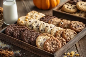 A tray of freshly baked Crumbl cookies in various flavors with a glass of milk.