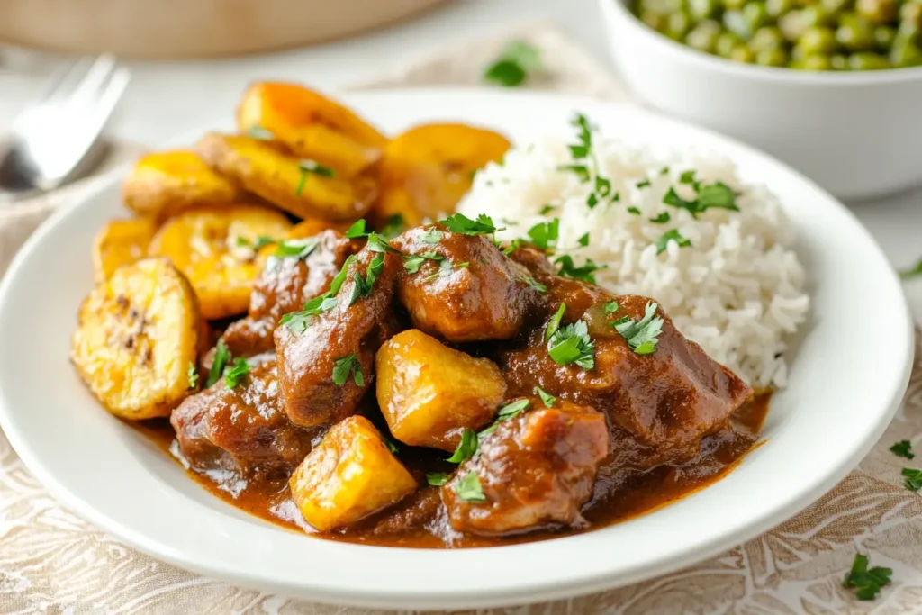 Brown stew chicken served with plantains and rice on a plate.