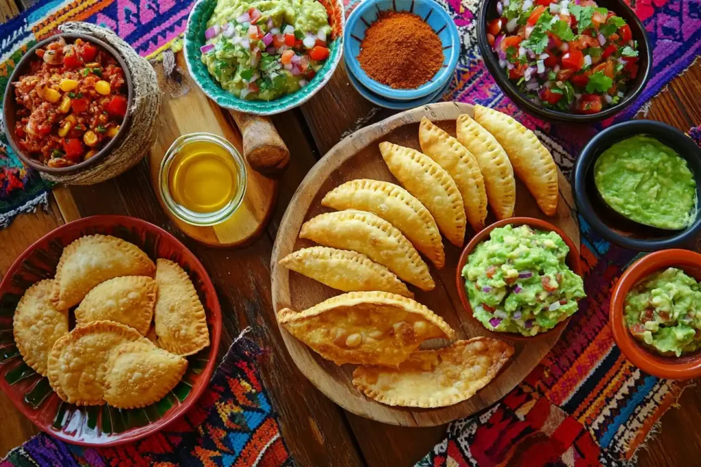 Spanish and Mexican empanadas displayed side by side on a wooden table.