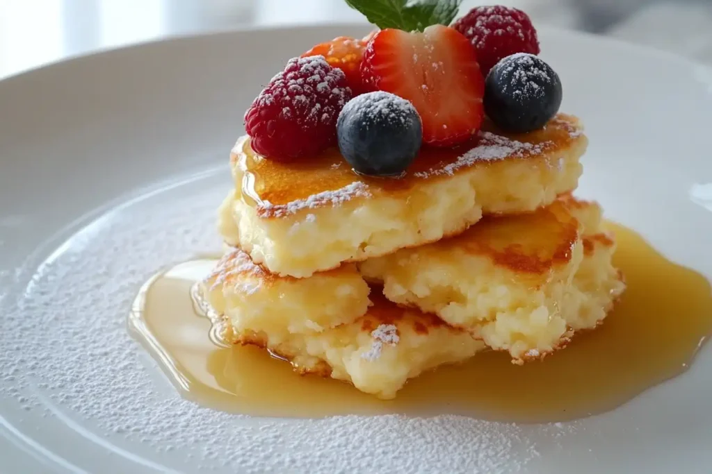 Cottage cheese pancakes with berries and honey drizzle.