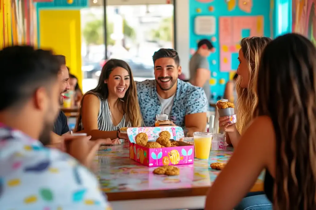 A group of customers enjoying Crumbl Cookies together in a bright, welcoming setting.