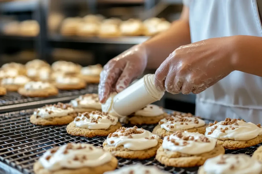 Crumbl Cookies employee piping frosting onto a cookie in a clean kitchen.