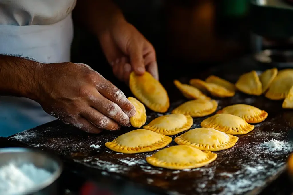 Chef preparing traditional Colombian empanadas.