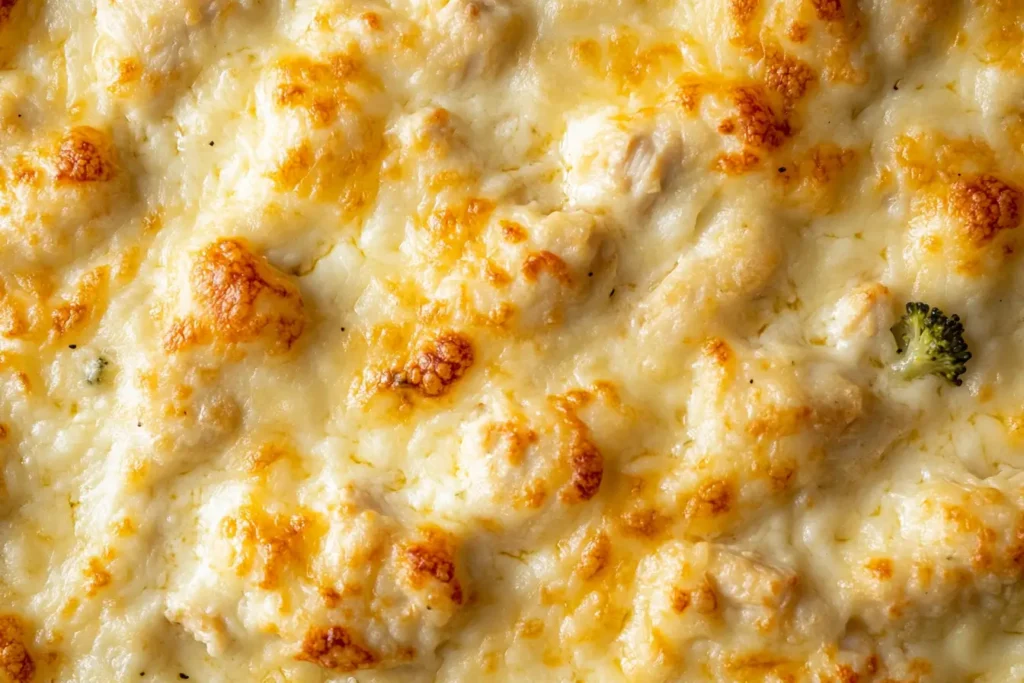 A freshly baked chicken casserole with golden cheesy crust.