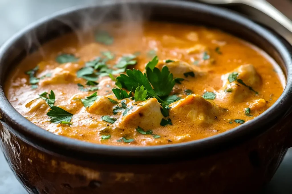 Thickened chicken stew in a bowl garnished with parsley.