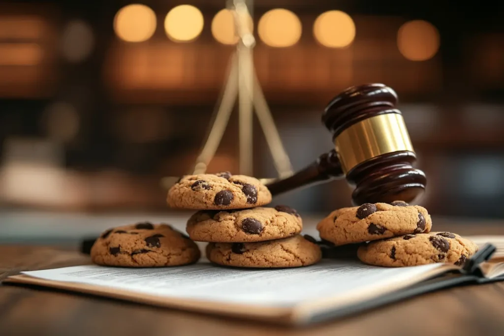 Crumbl Cookies storefront with a legal document overlay