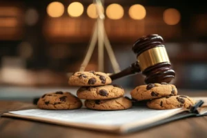 Crumbl Cookies storefront with a legal document overlay