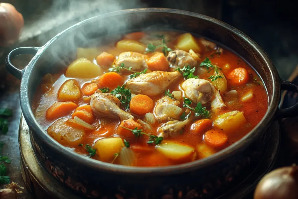 Simmering stew chicken with vegetables in a pot.