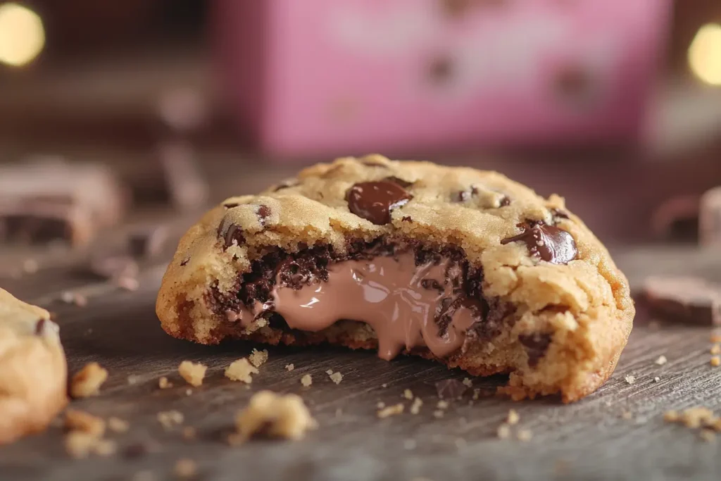 Crumbl chocolate chip cookie broken in half with gooey chocolate.