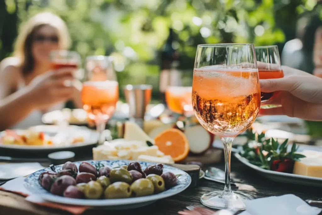 Aperol and St-Germain spritz cocktails at an outdoor brunch.