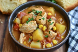 A close-up of Chicken Stew North Alabama served with cornbread