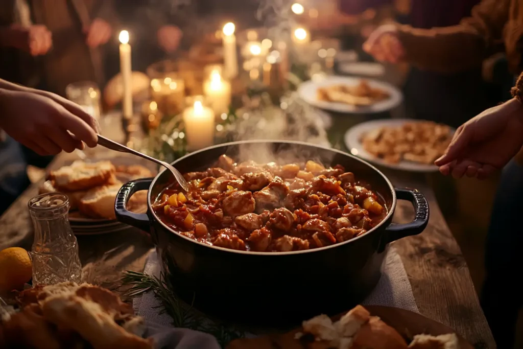 Indoor potluck featuring Chicken Stew North Alabama and cheerful gathering