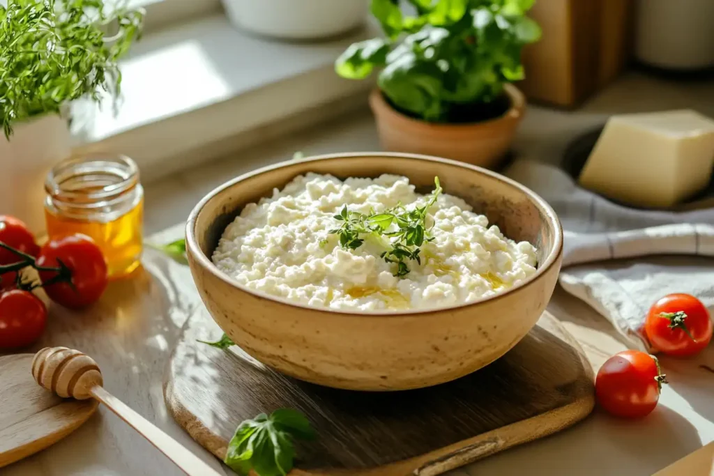 Close-up of milk curdling with lemon juice to make cottage cheese, showing curds and whey separation.