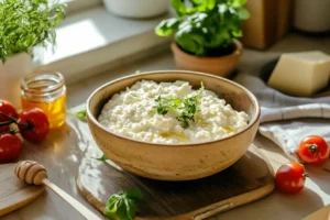 Close-up of milk curdling with lemon juice to make cottage cheese, showing curds and whey separation.