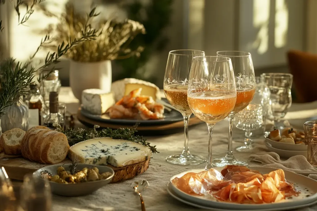 Elderflower spritz served with cheese and seafood appetizers