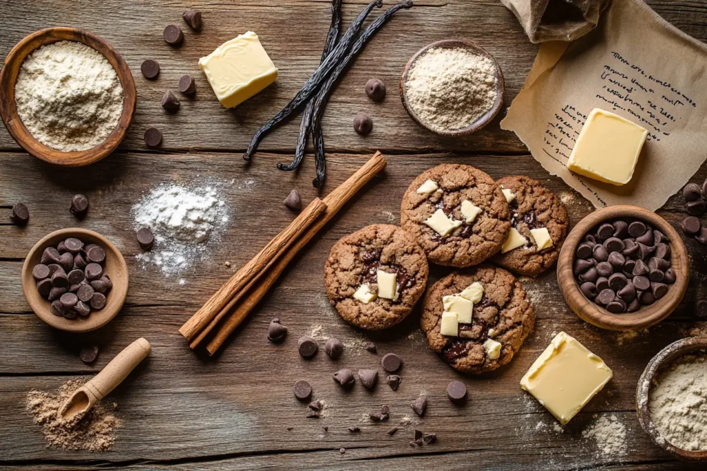 Deconstructed Crumbl cookie ingredients on a rustic table.